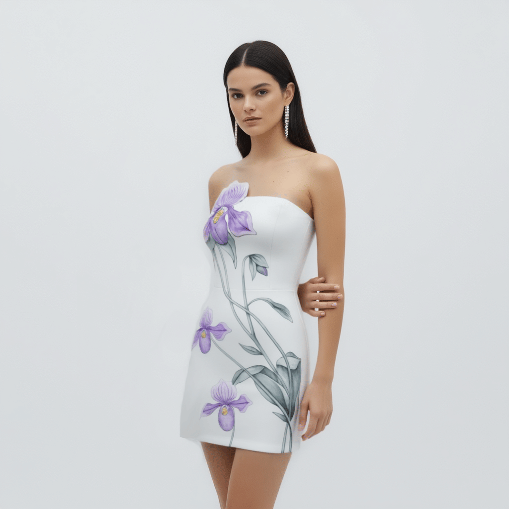 Slipper Orchid Appliqué Mini Dress - Ivory/Blue
