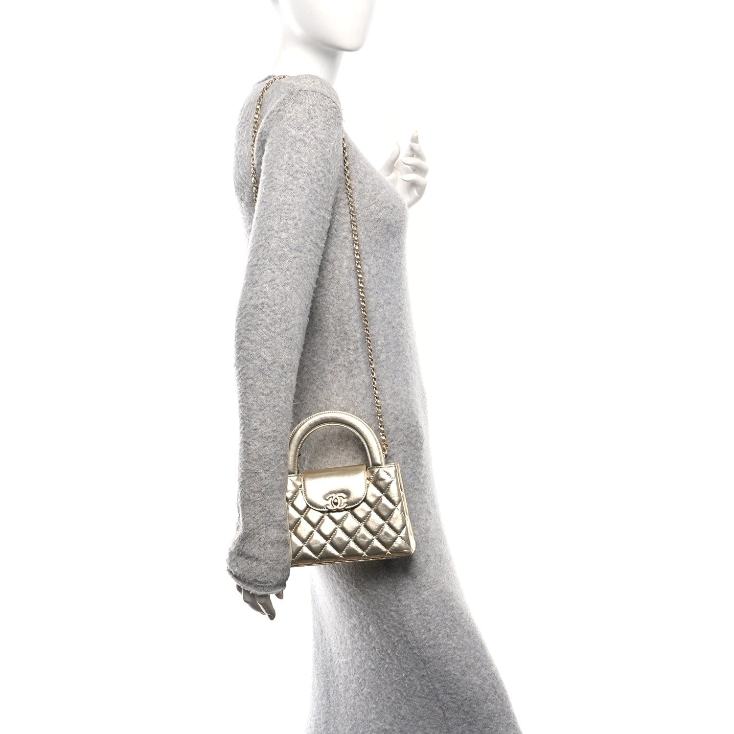 Metallic Shiny Aged Calfskin Quilted Nano Kelly Shopper Gold