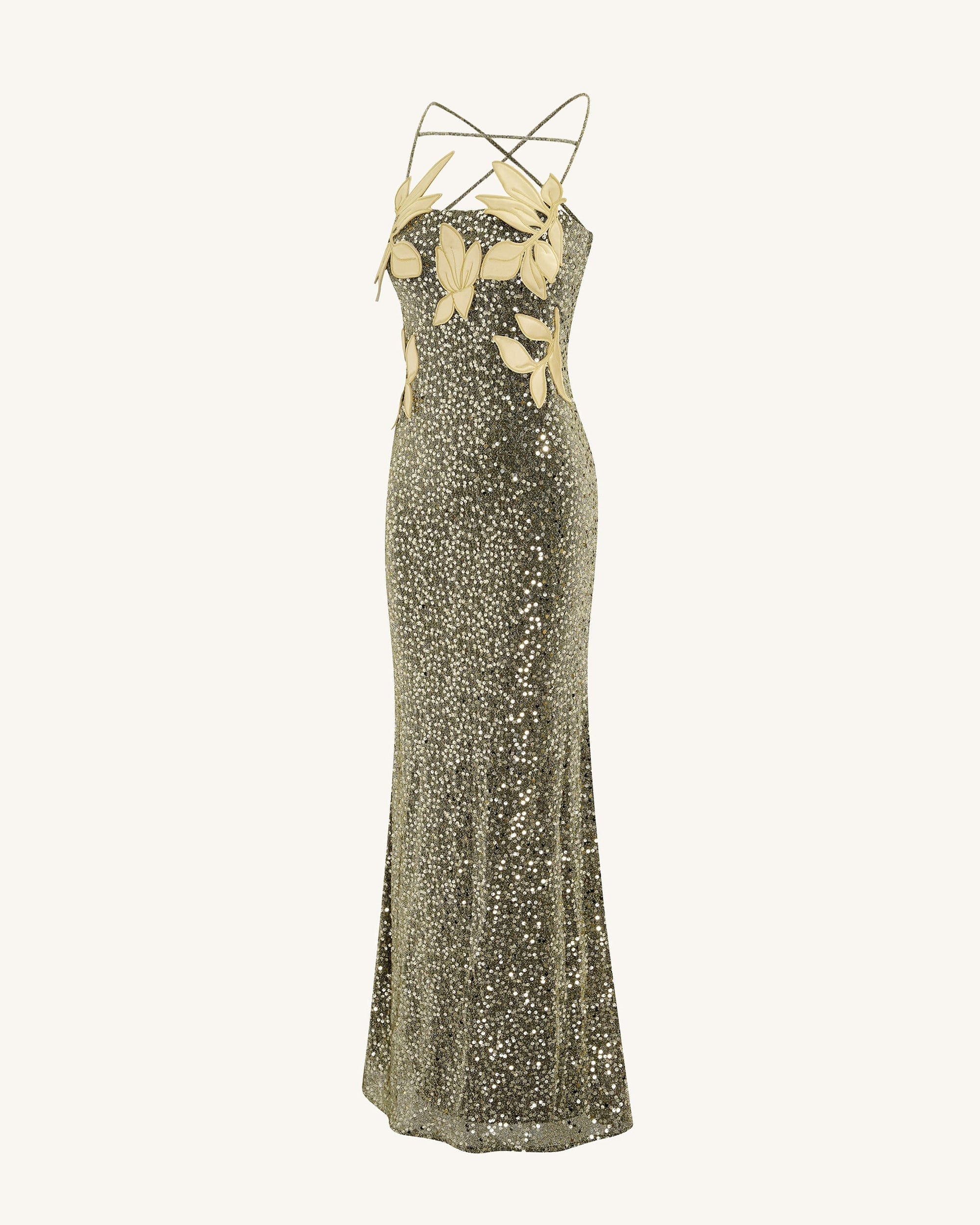 Araminta Sequined Gown with Floral Details - Gold