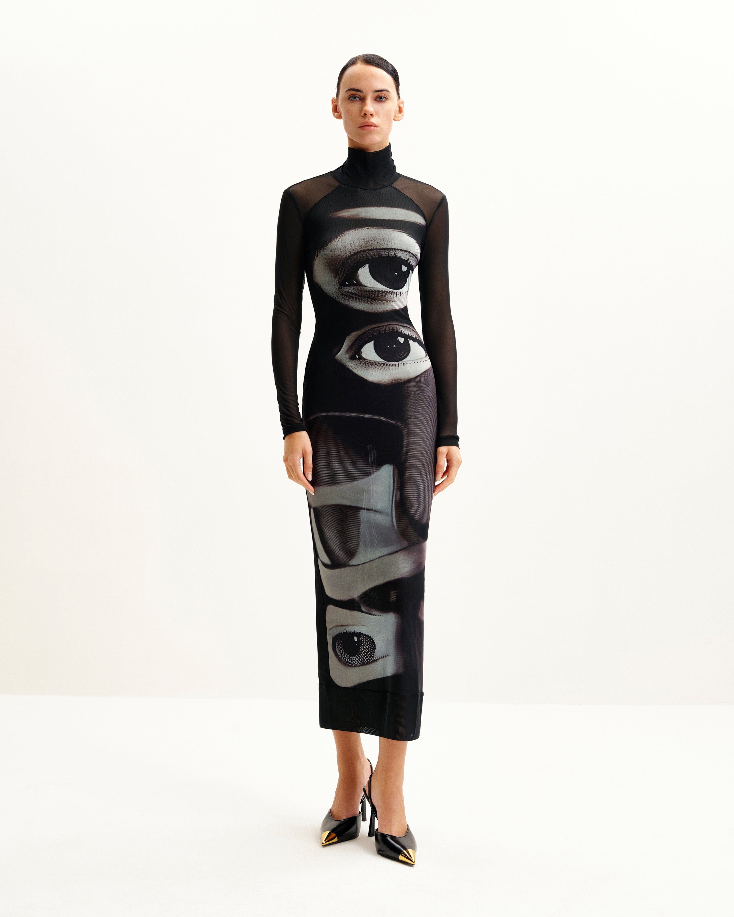 Sophia Eye Print Mesh Dress - Black/White