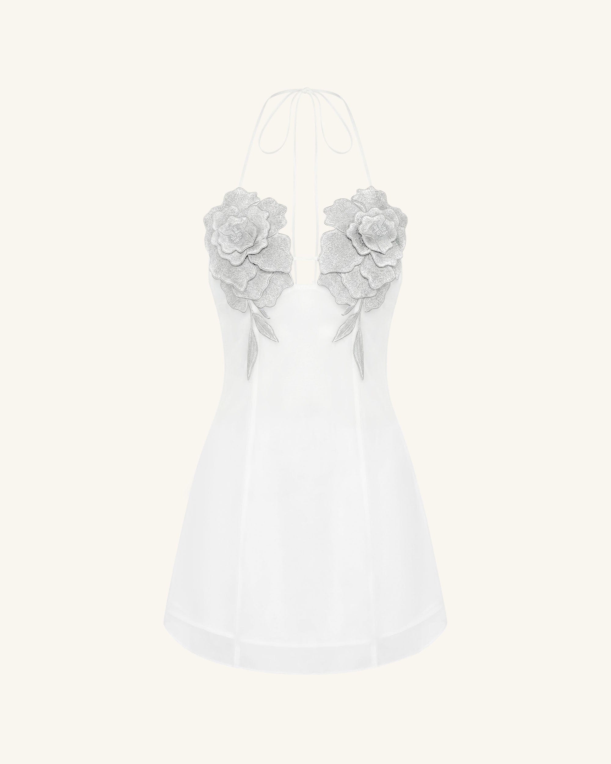 Flower Embroidered Mini Dress - White