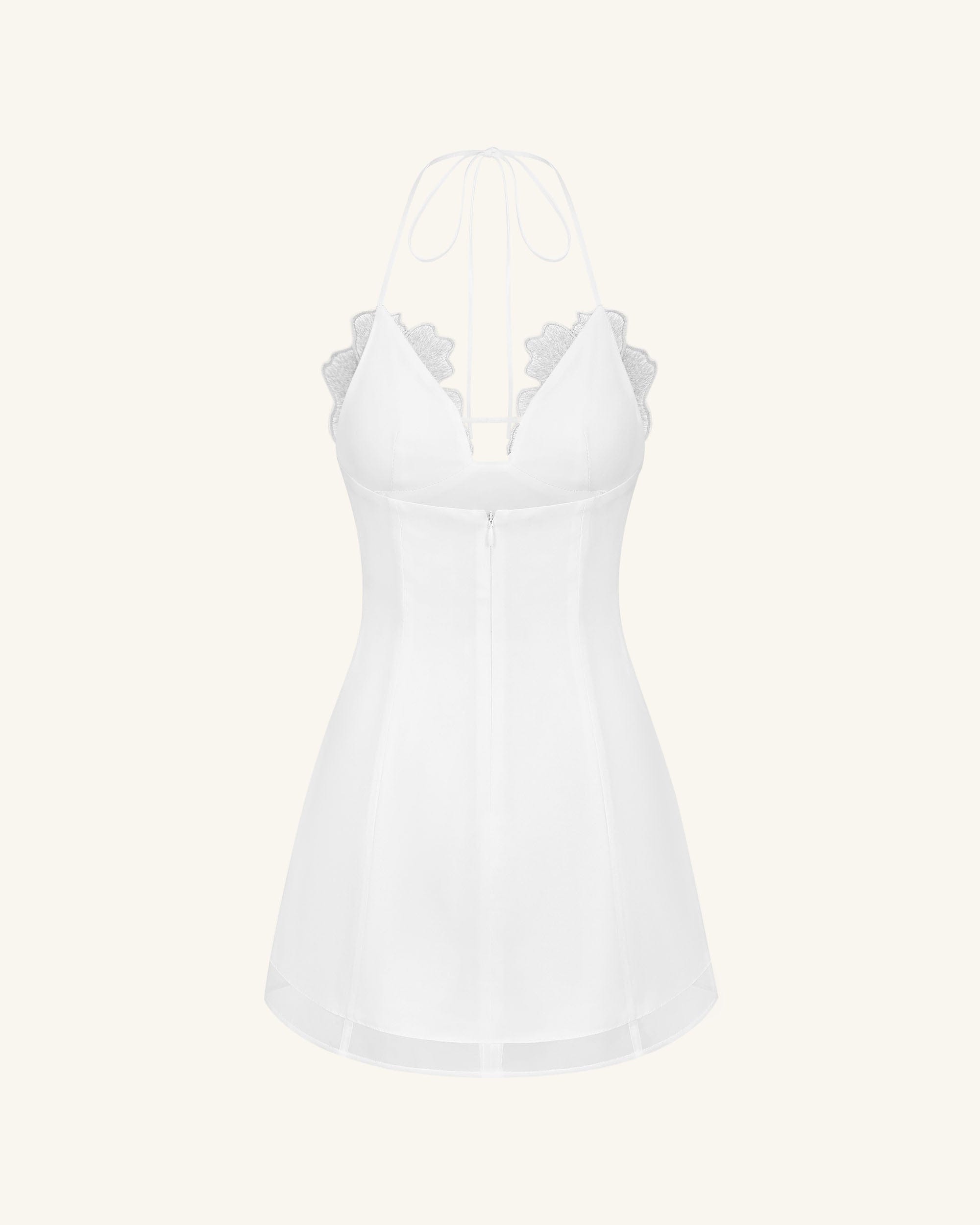 Flower Embroidered Mini Dress - White