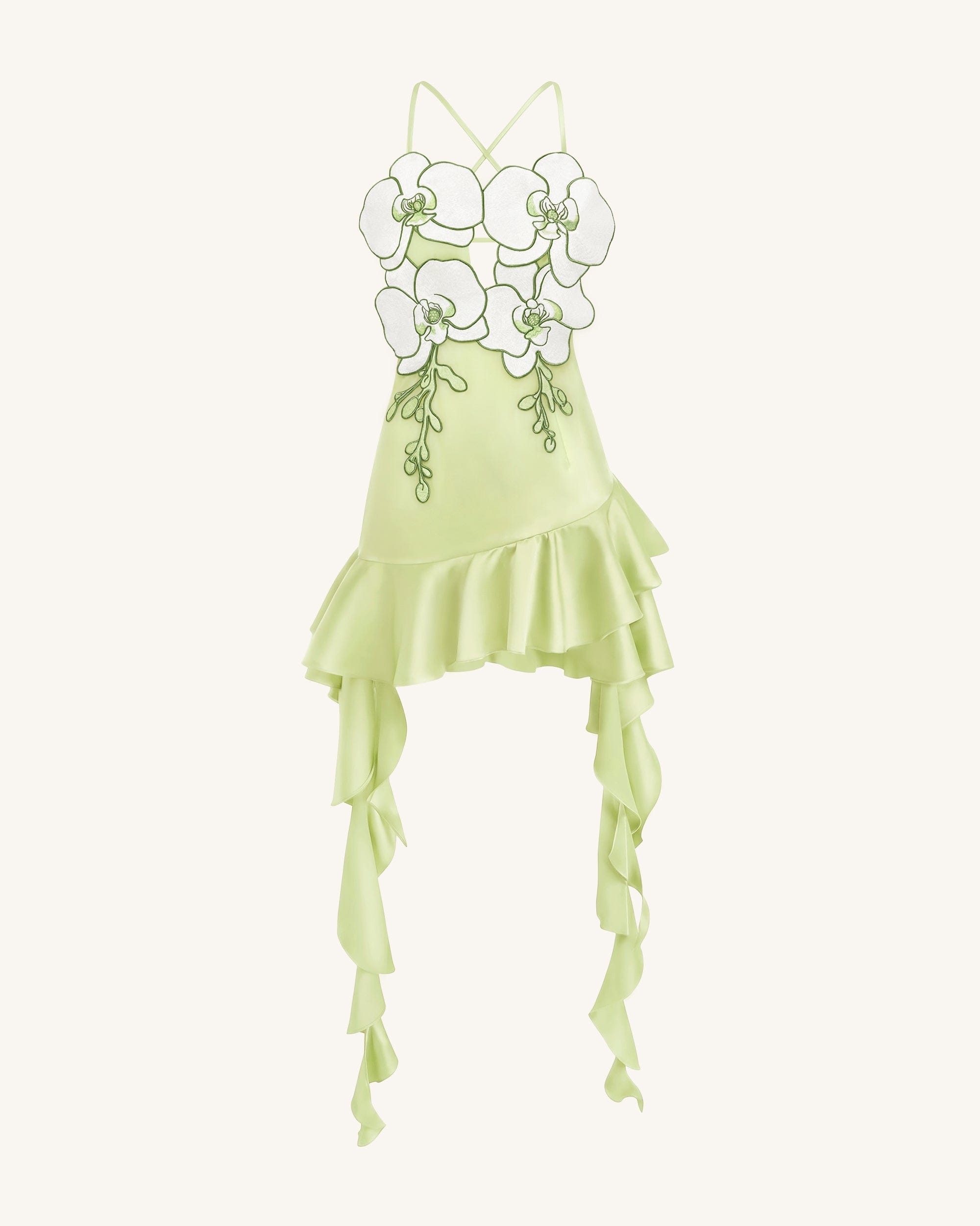 Orchid Embroidered Ruffle Hem Mini Dress - Light Green