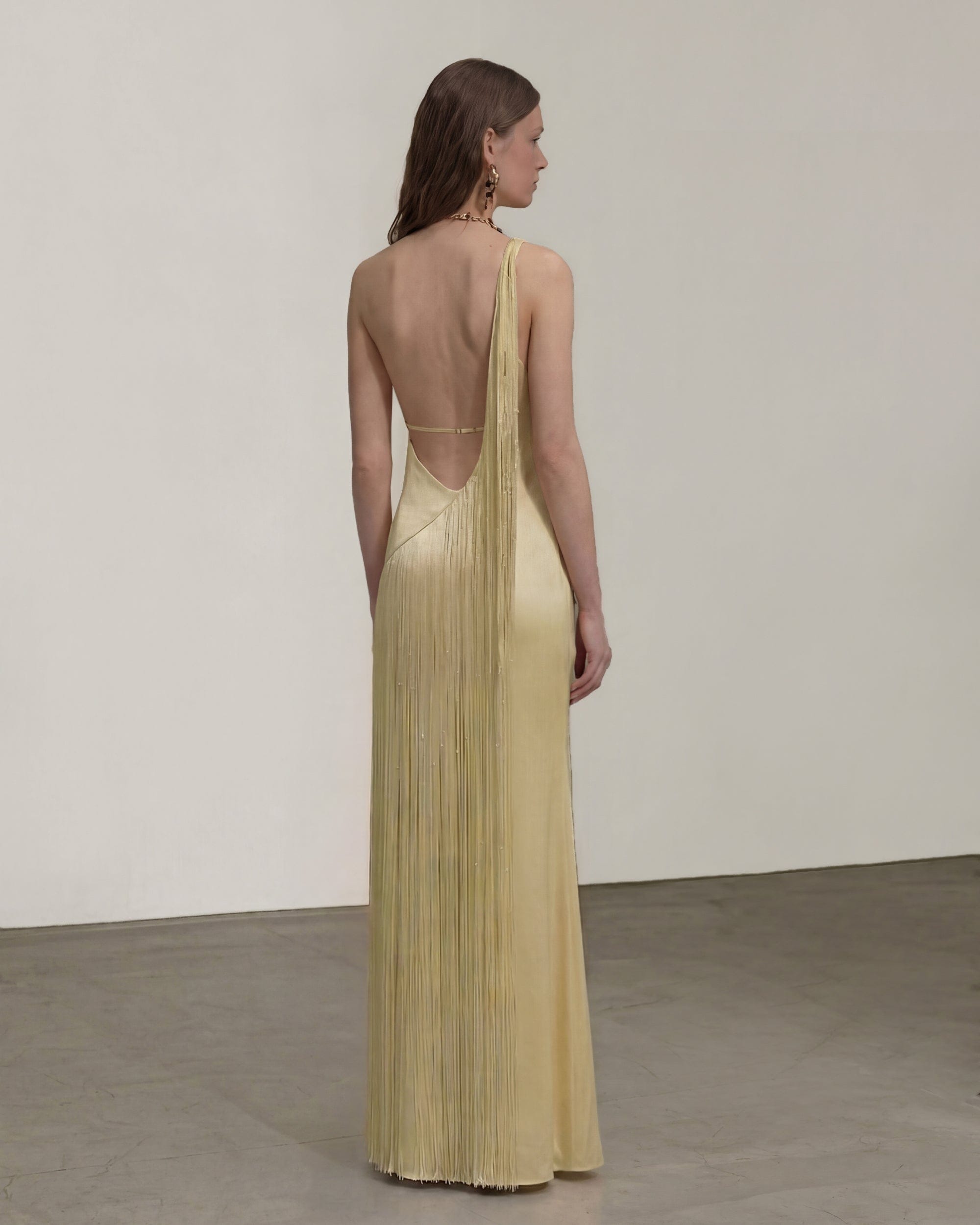 Fringe One Shoulder Maxi Dress - Misty Blue