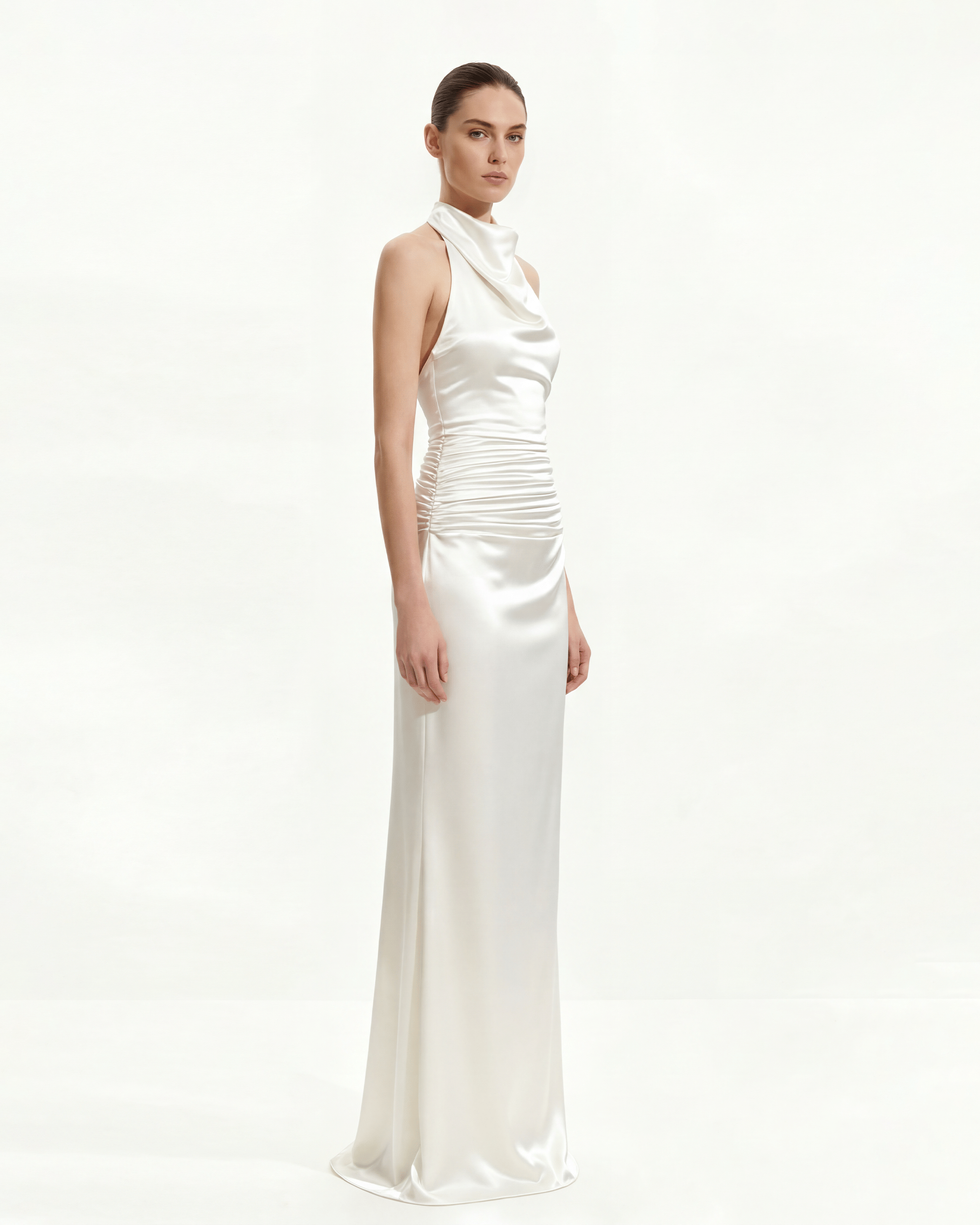 Satin Cowl Neck Ruched Maxi Gown - White