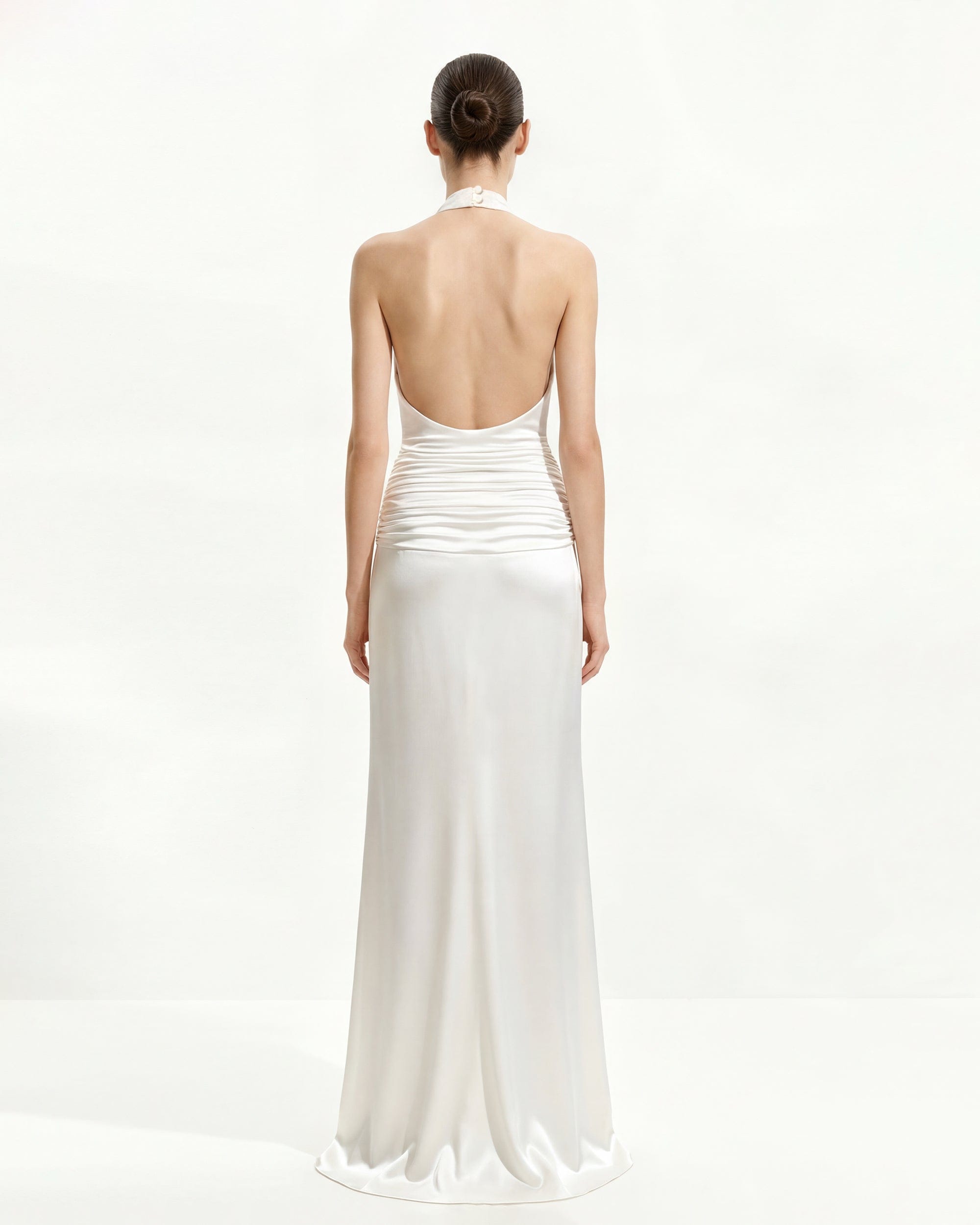 Satin Cowl Neck Ruched Maxi Gown - White