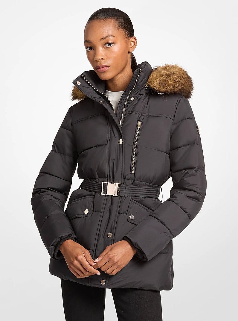 Faux Fur Trim Belted Puffer Jacket