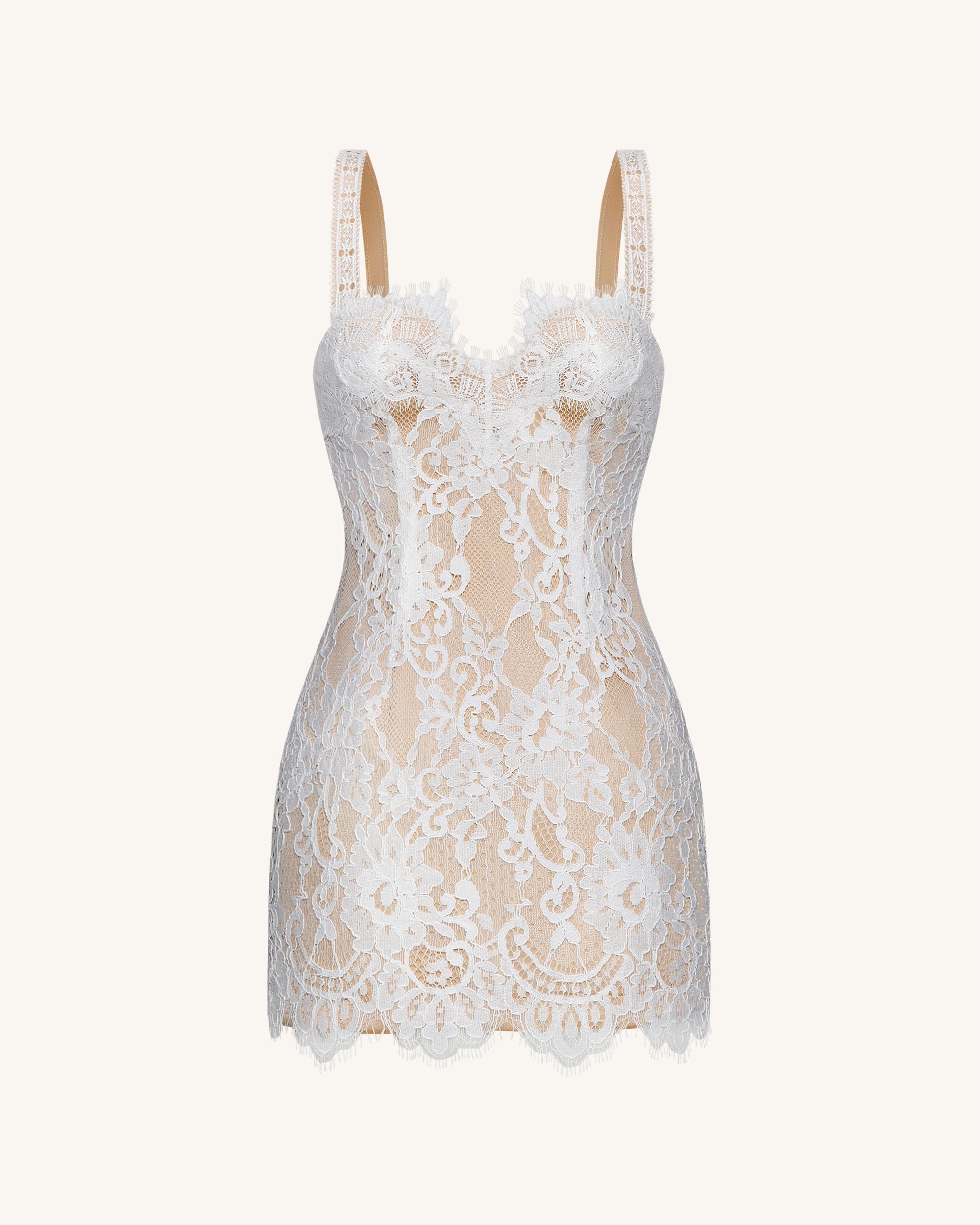 Eyelash Lace Bustier Bodycon Dress - White