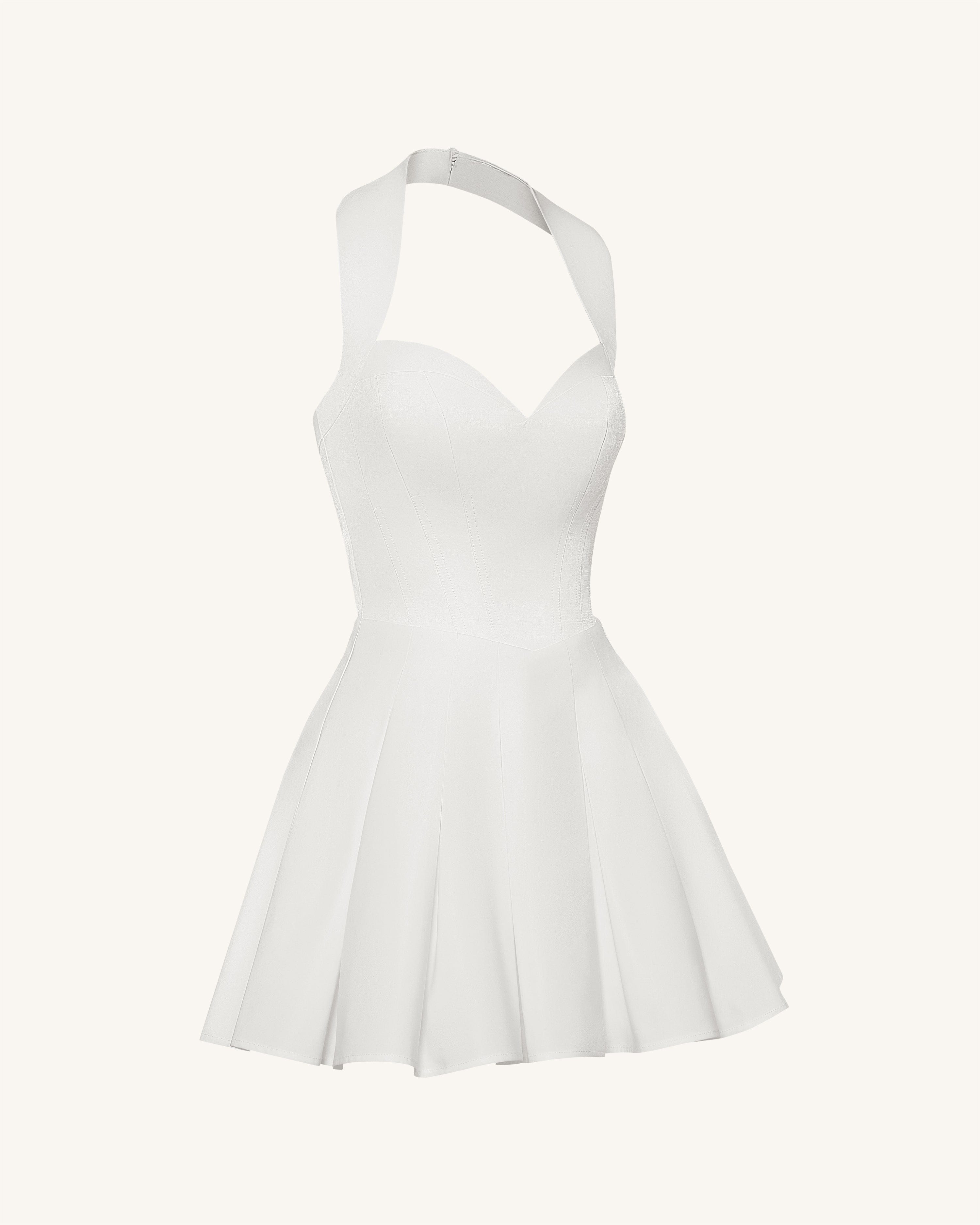 Pleated Bustier Halter Mini Dress - White