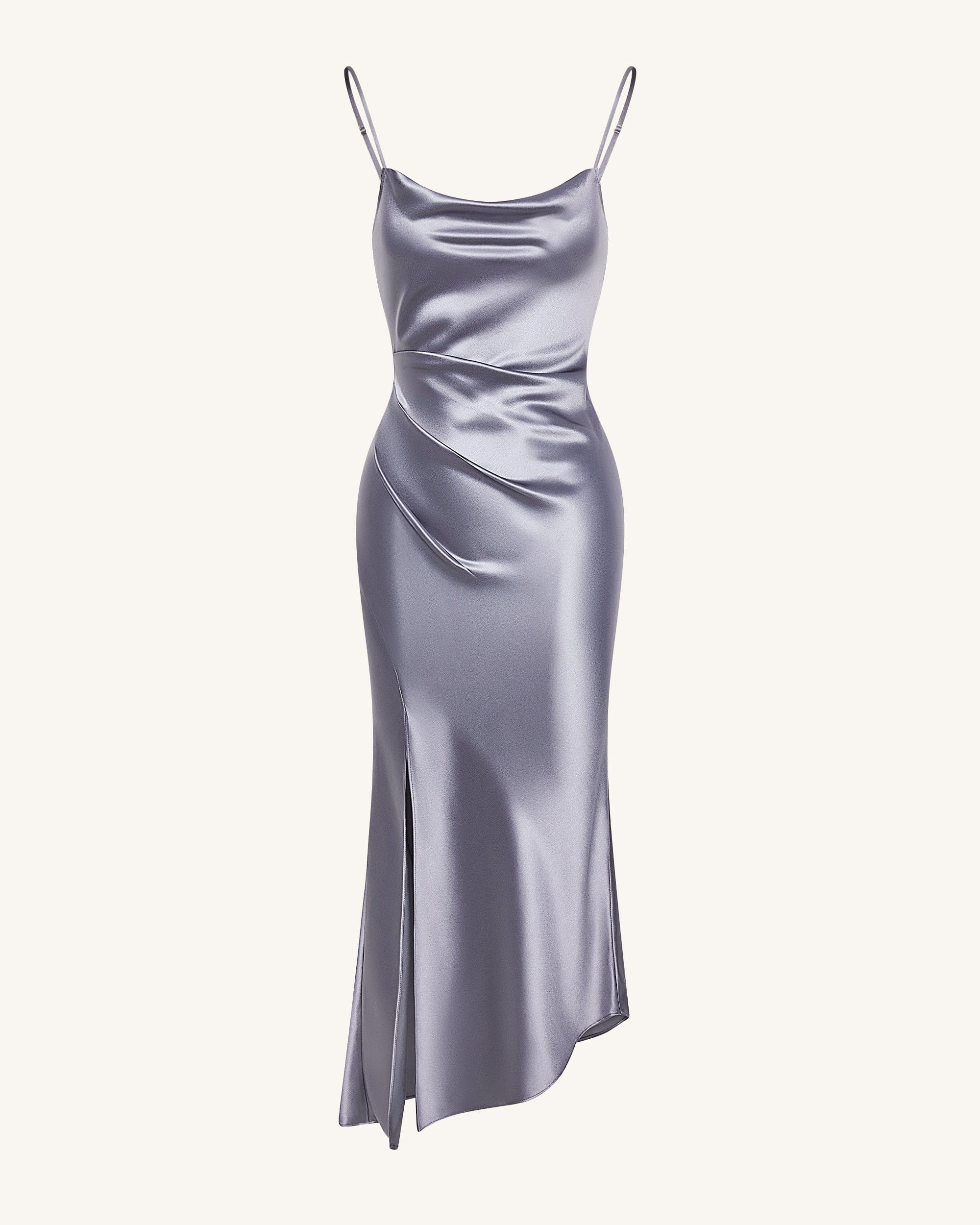 Liquid Satin Cowl-Slit Gown - Silver