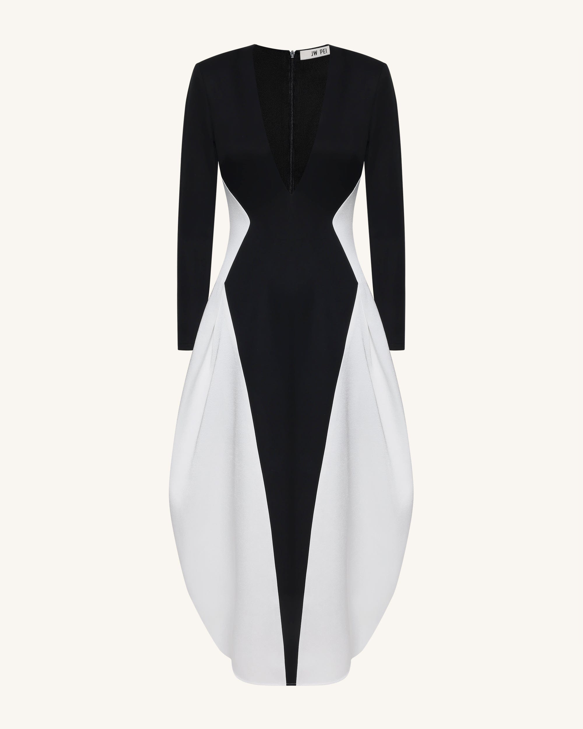 Monochrome Paneled Plunging V-Neck Long-Sleeve Maxi Dress - Black