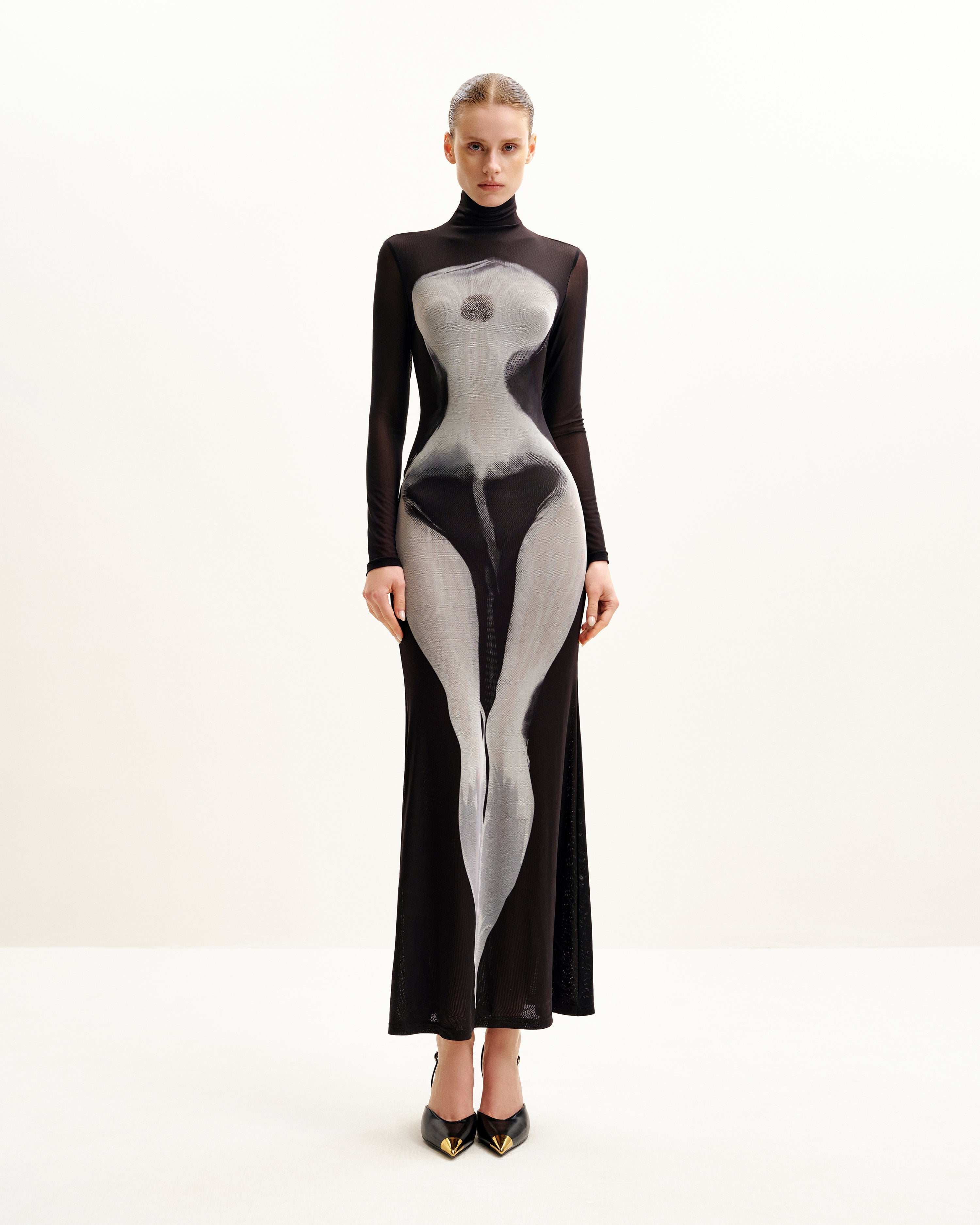 Eva Body Print Mesh Dress - Black and White