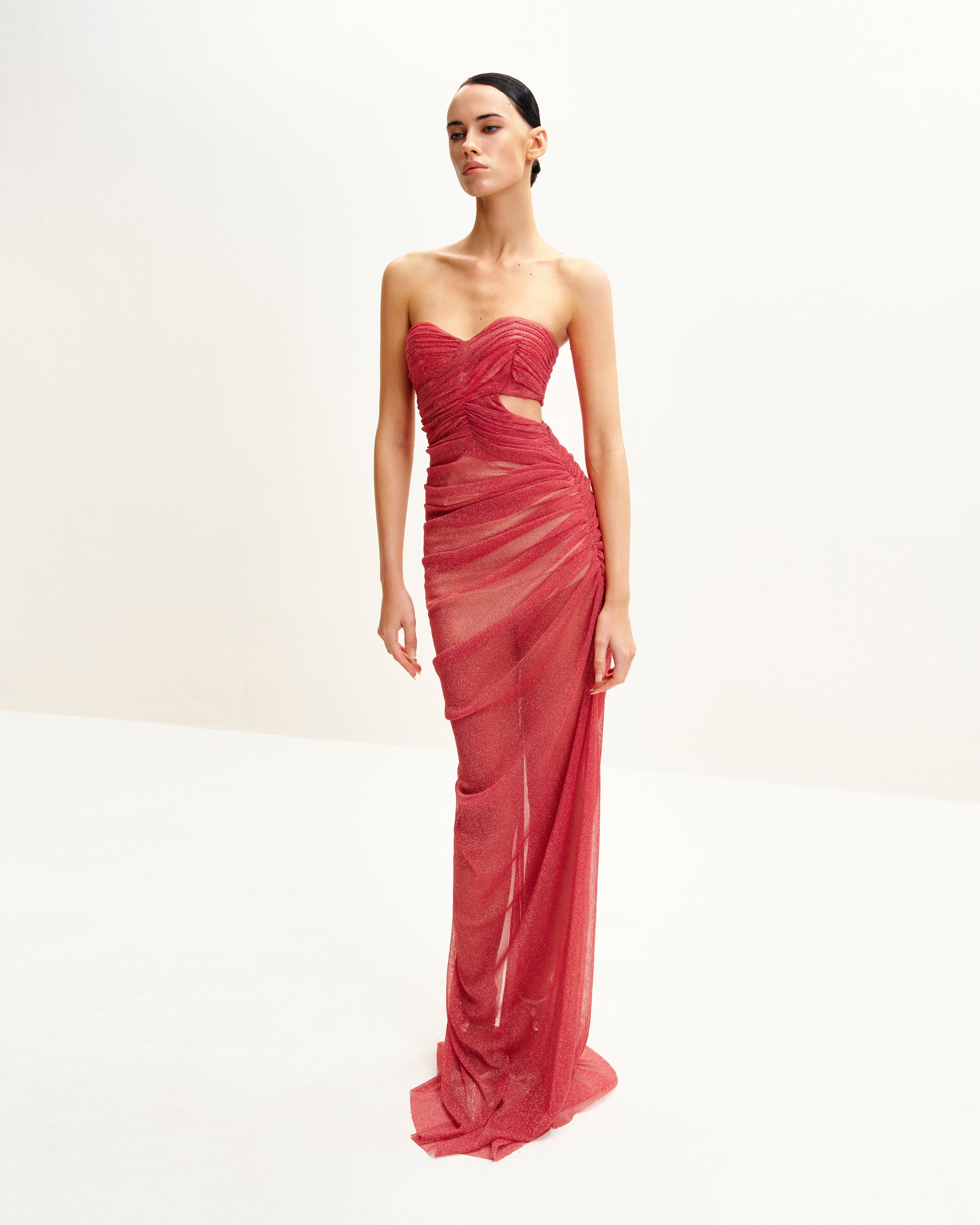 Mia Strapless Sheer Glitter Gown - Scarlet