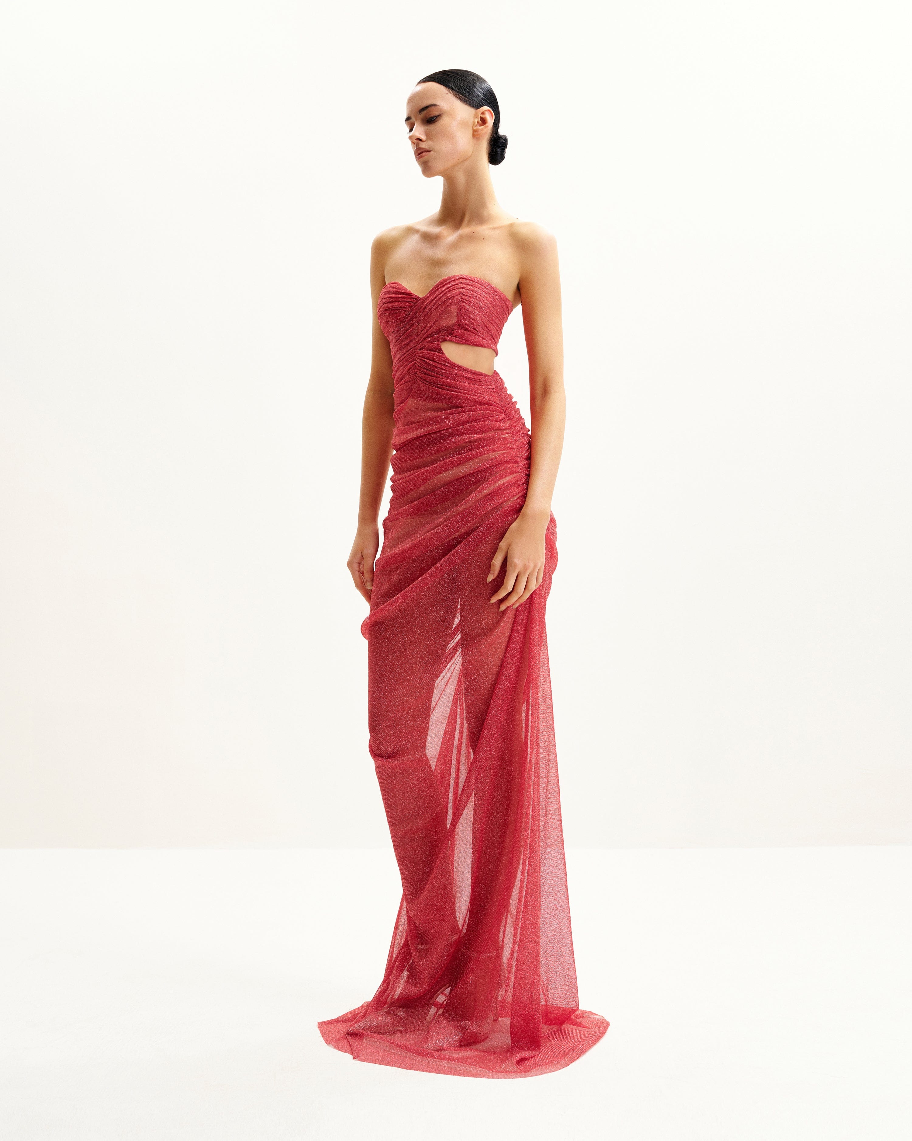 Mia Strapless Sheer Glitter Gown - Scarlet