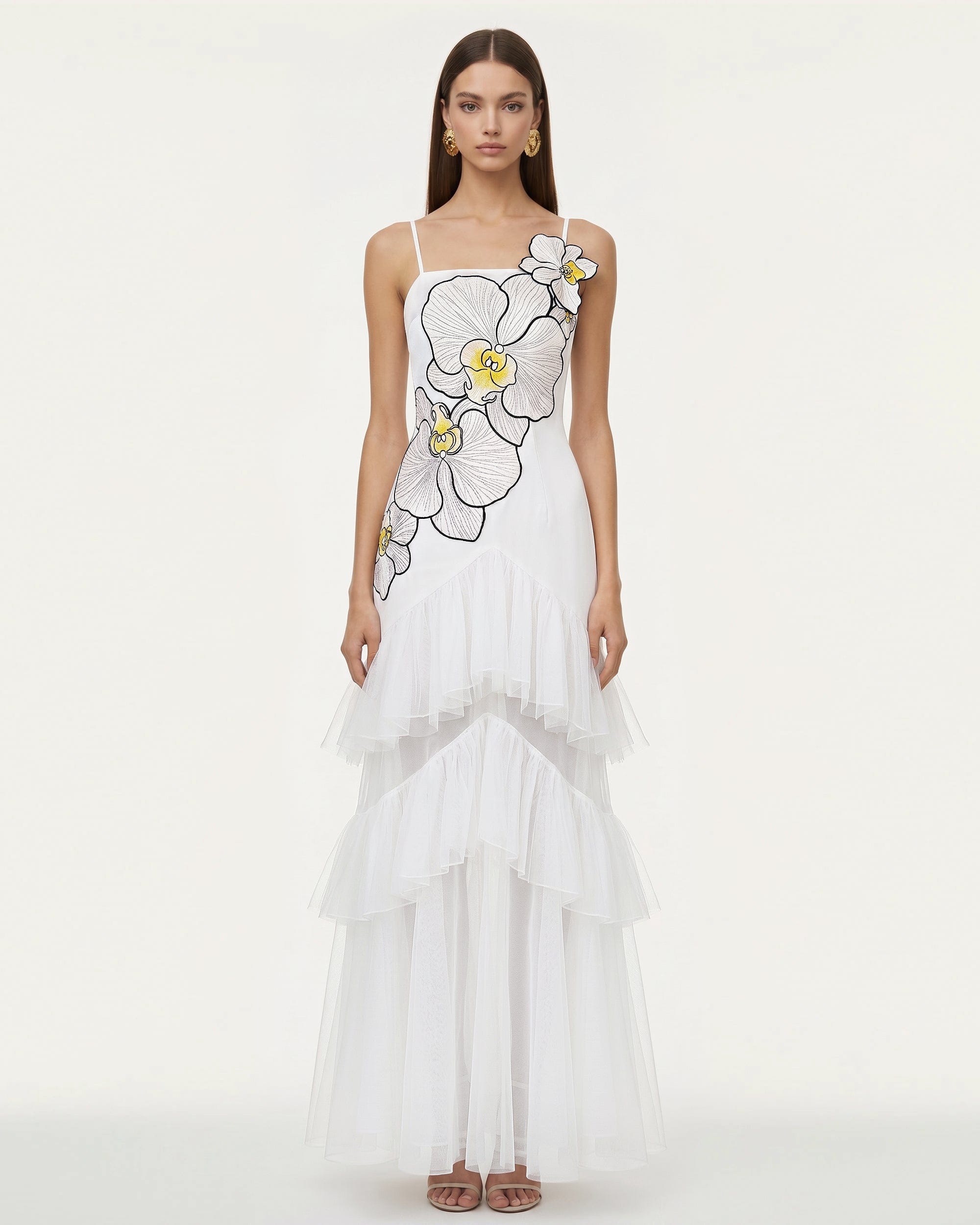 Orchid Embroidered Ruffled Tulle Strapless Maxi Dress - White