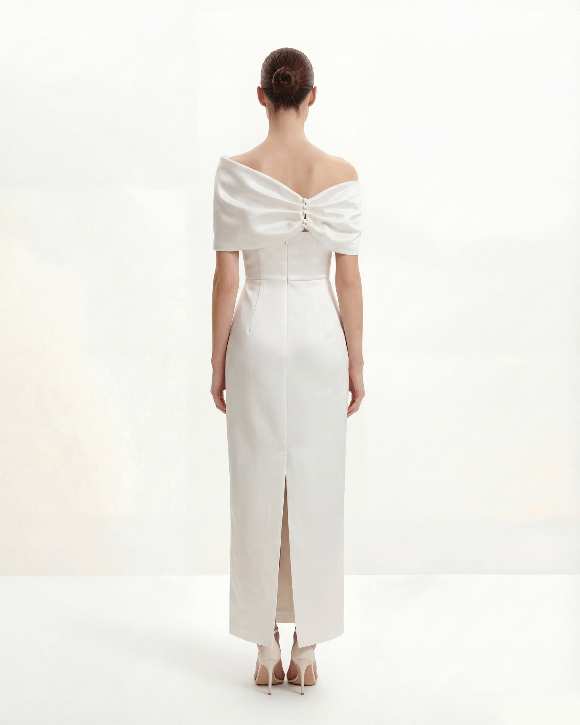 Satin Asymmetric Bow Maxi Dress - White