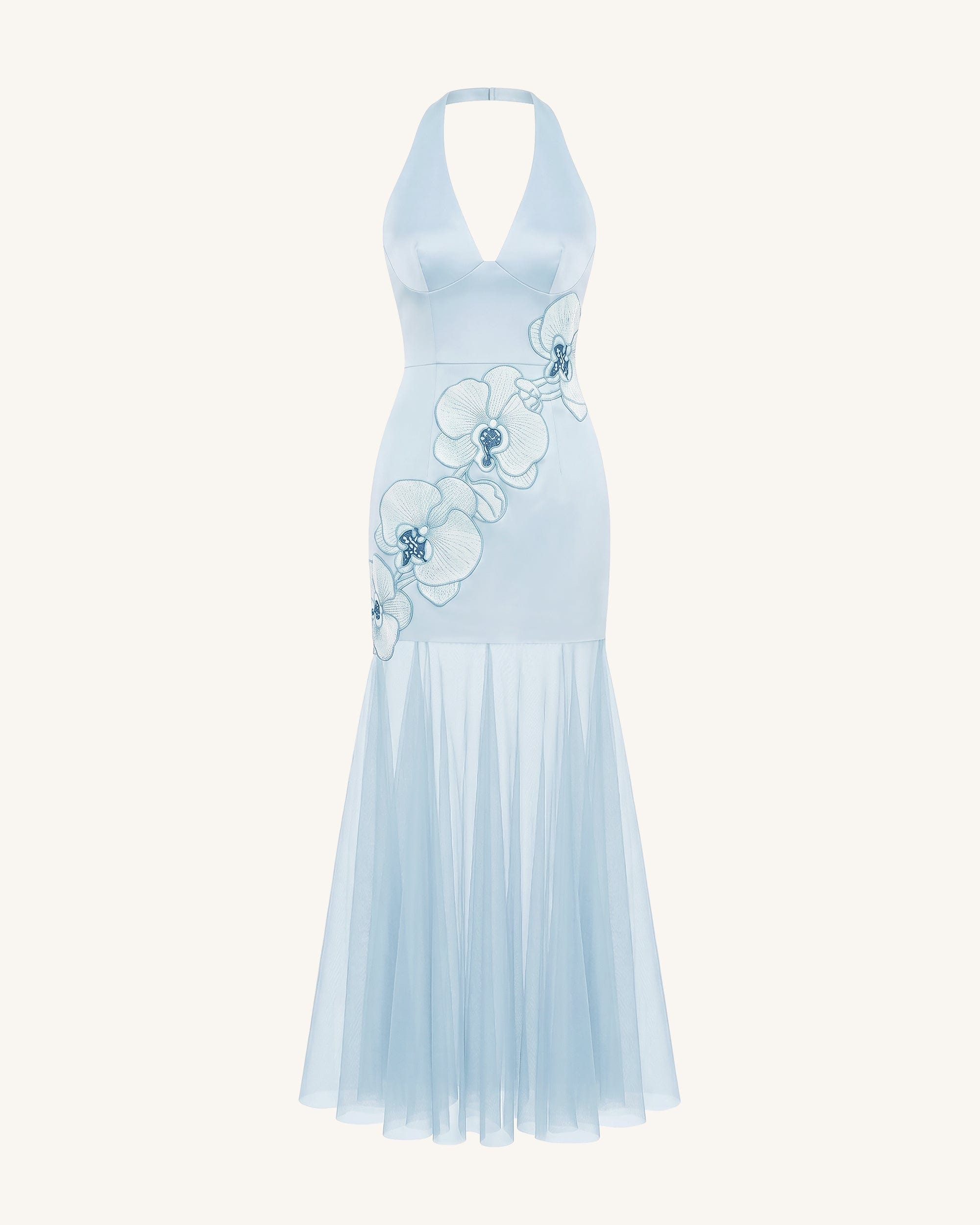 Orchid Embroidered Sheer Hem Halter Maxi Dress - Light Blue