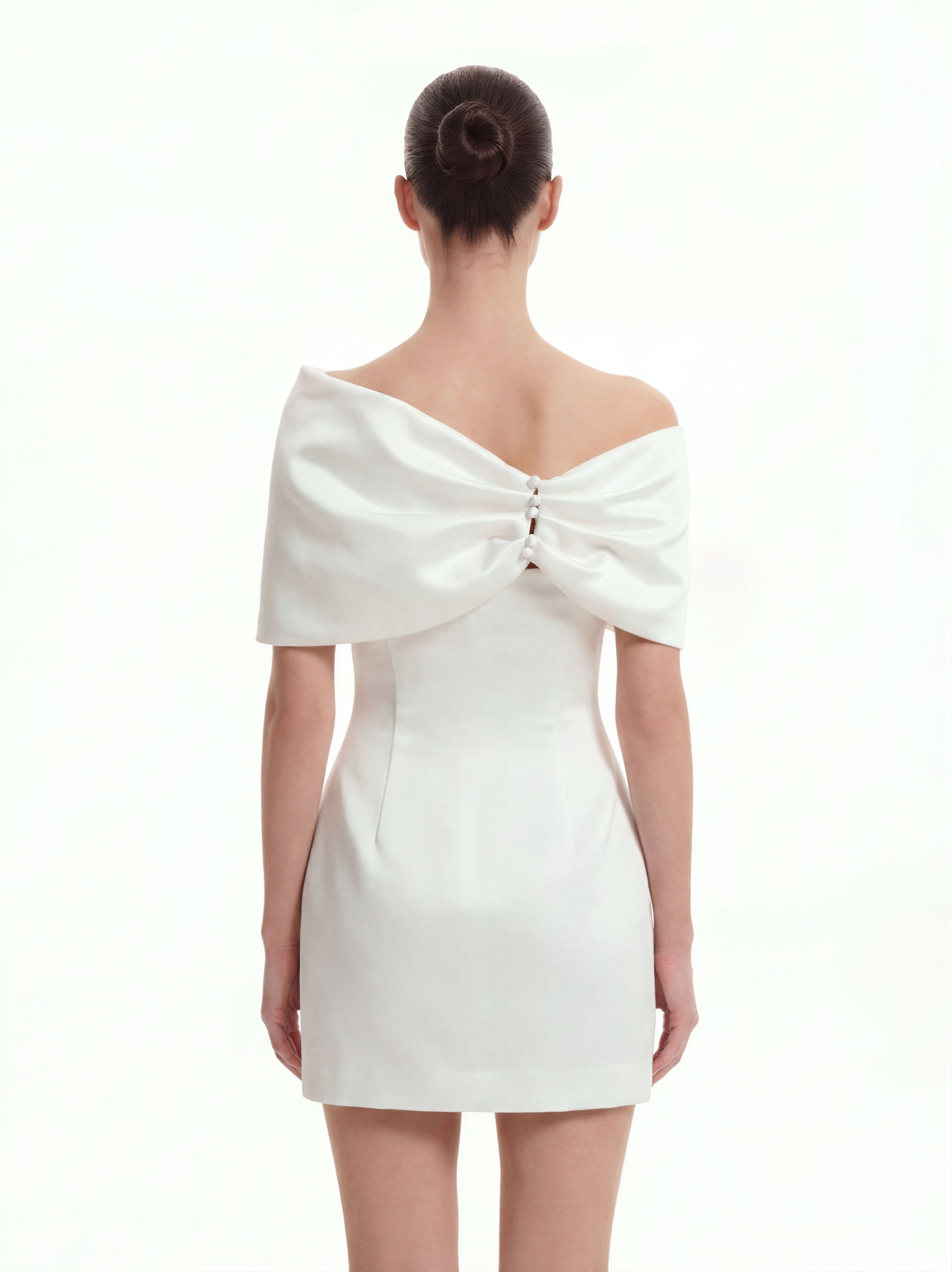 Satin Asymmetric Bow Mini Dress - White