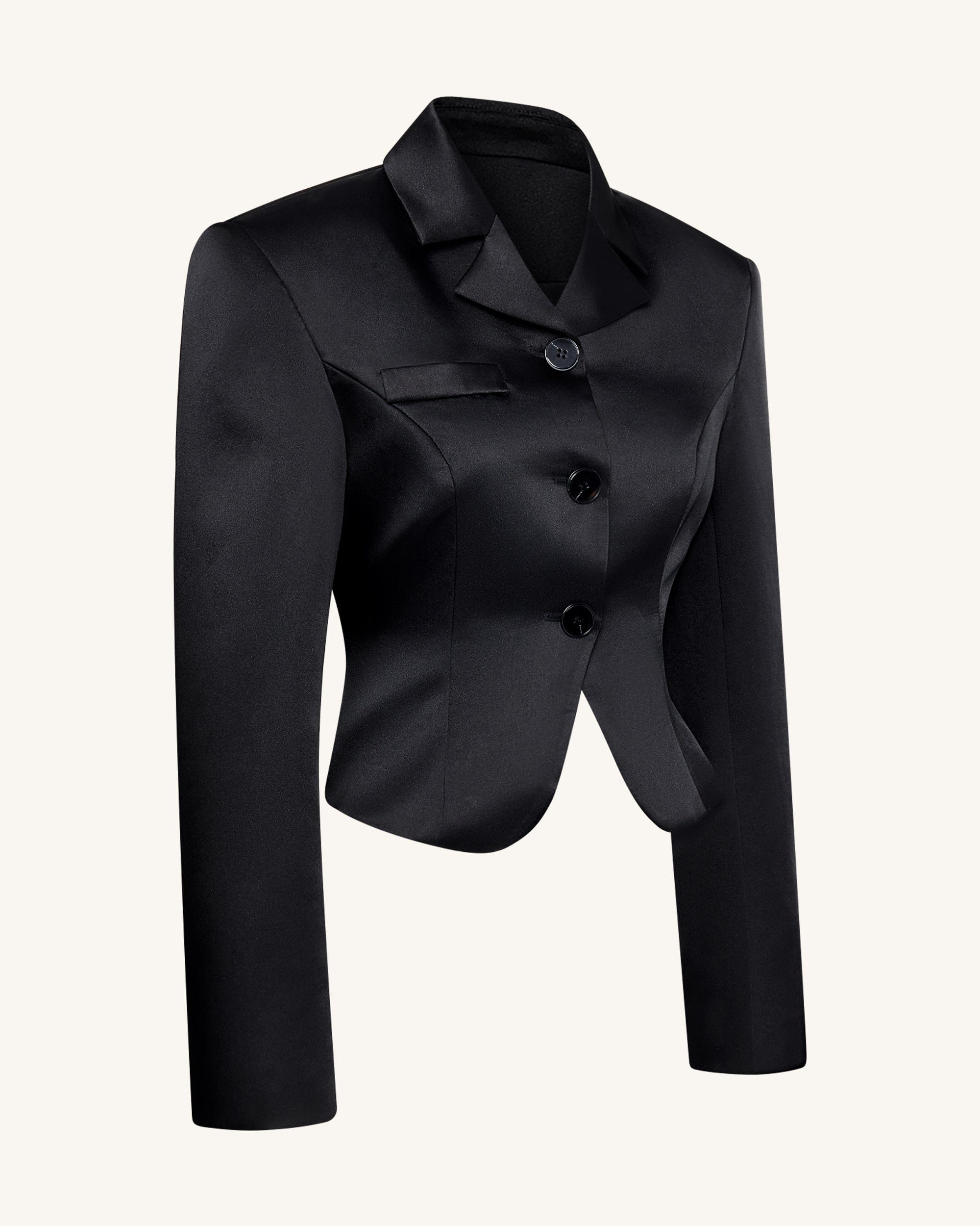 Satin Sculpted Waist Cropped Blazer - Black