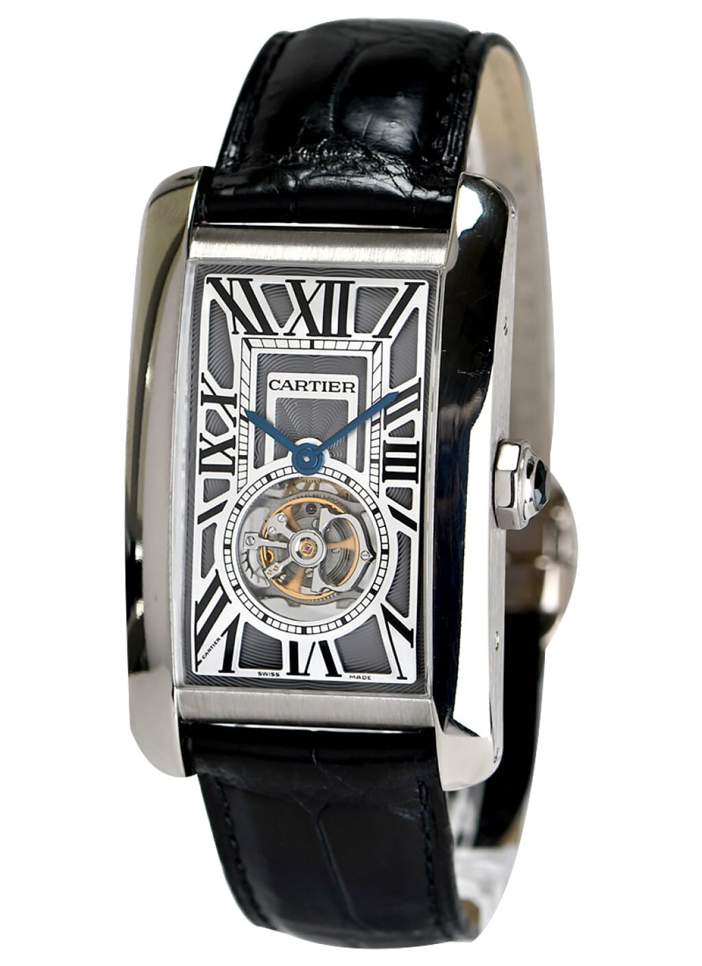 Tank Americaine (Reference W2620007). A 52mm white gold manual wind wristwatch with flying tourbillon.
