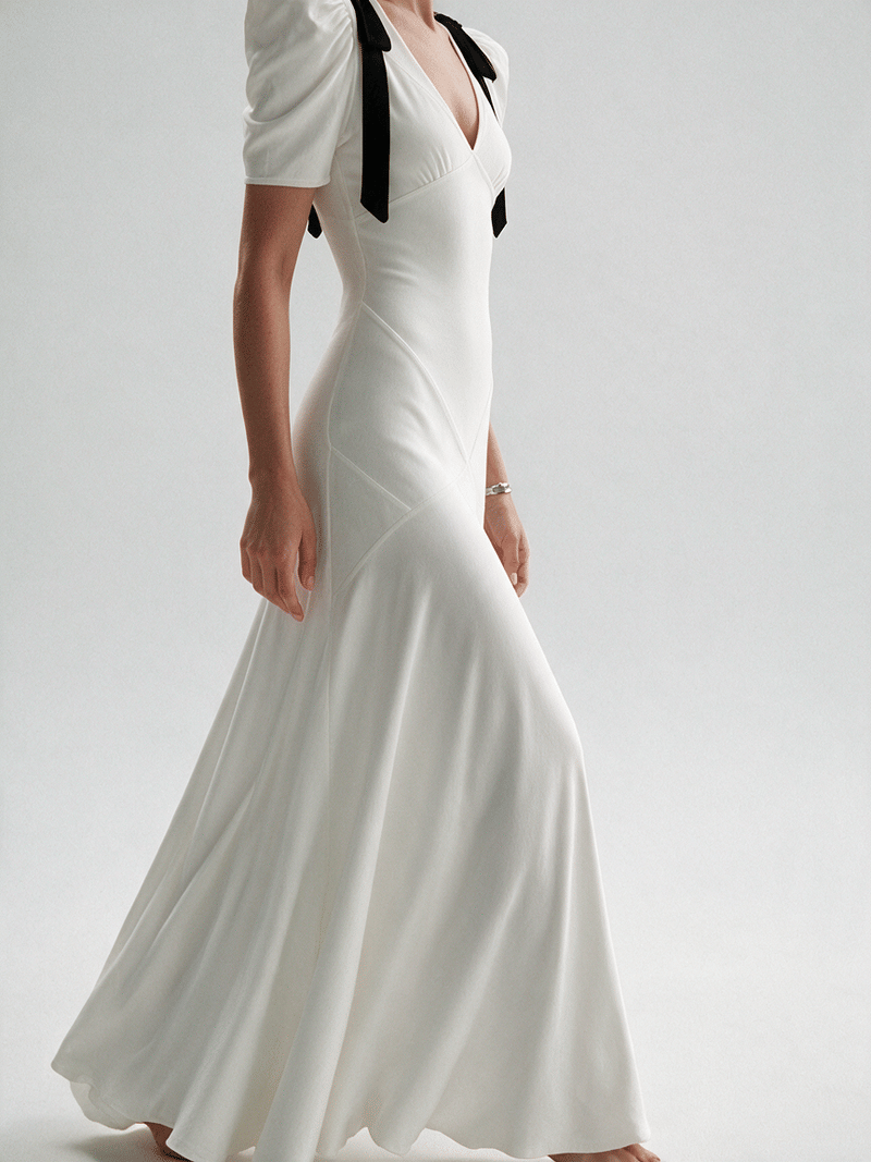 Valeria Contrast Panel V Maxi Dress - White