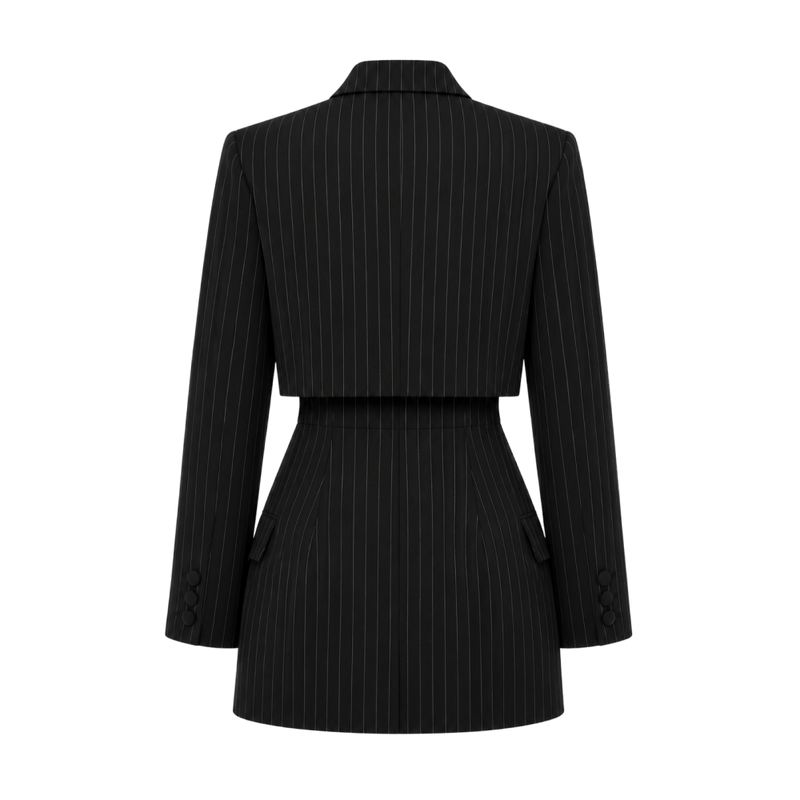 Valeria Cropped Tailored Blazer Set - Black Pinstripe