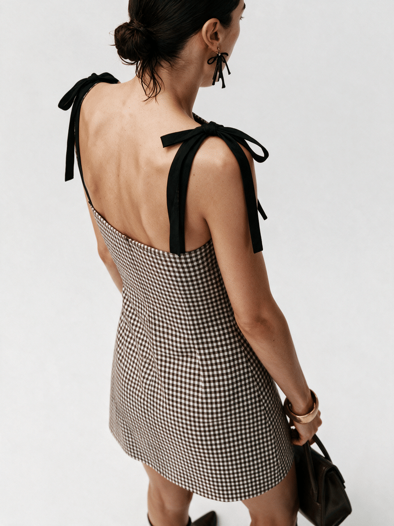 Valeria Gingham Tie Strap Mini Dress - Brown