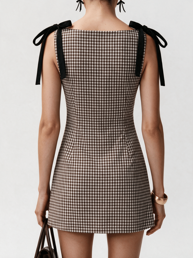 Valeria Gingham Tie Strap Mini Dress - Brown