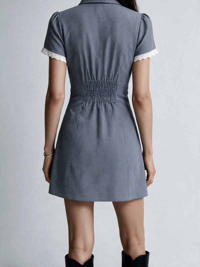 Valeria Lace Trim Shirt Mini Dress - Navy Blue