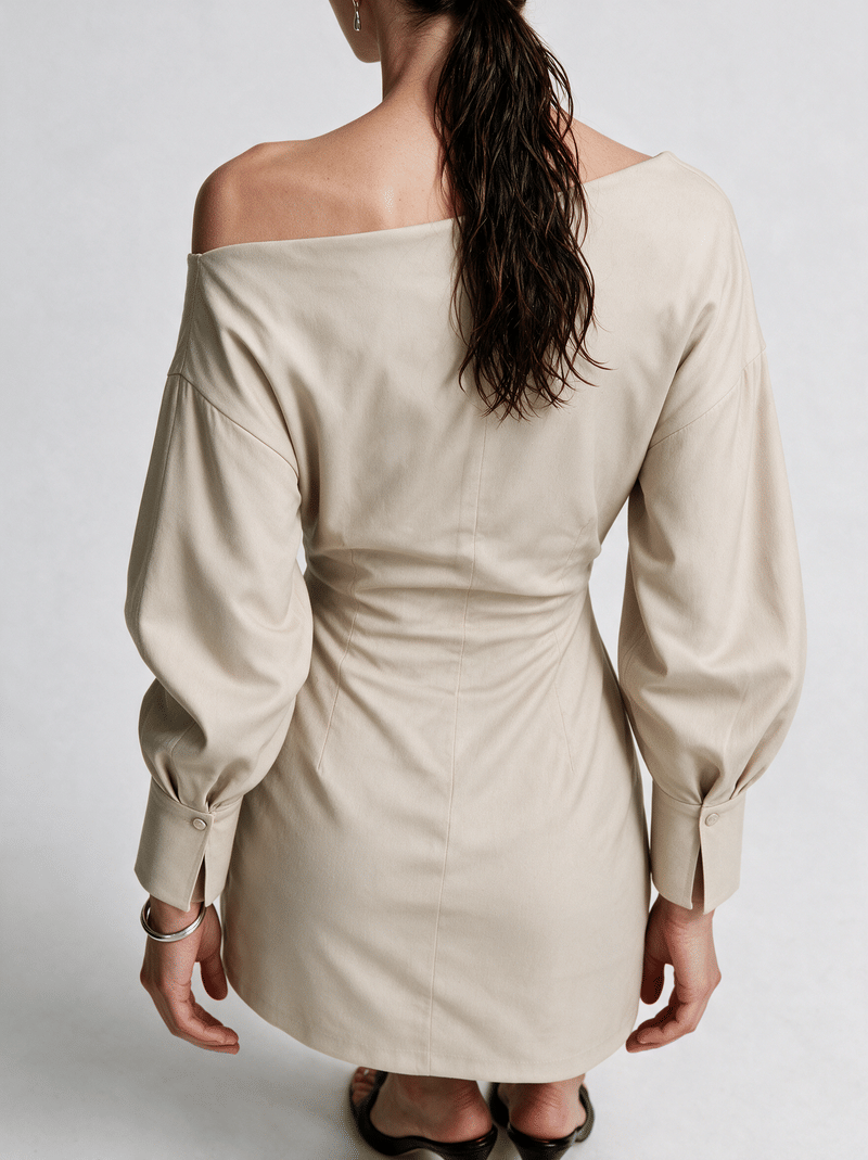 Valeria Off-Shoulder Tailored Mini Dress - Warm Oat