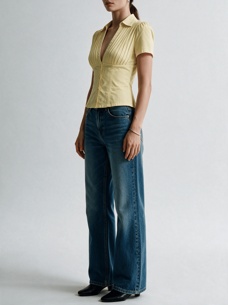 Valeria Pleated Plunge Shirt - Butter Yellow
