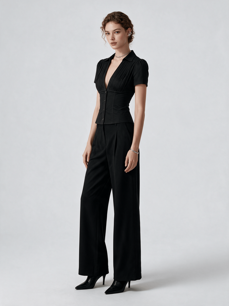 Valeria Pleated Plunge Shirt - Midnight Black