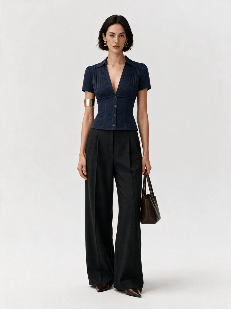 Valeria Pleated Plunge Shirt - Navy