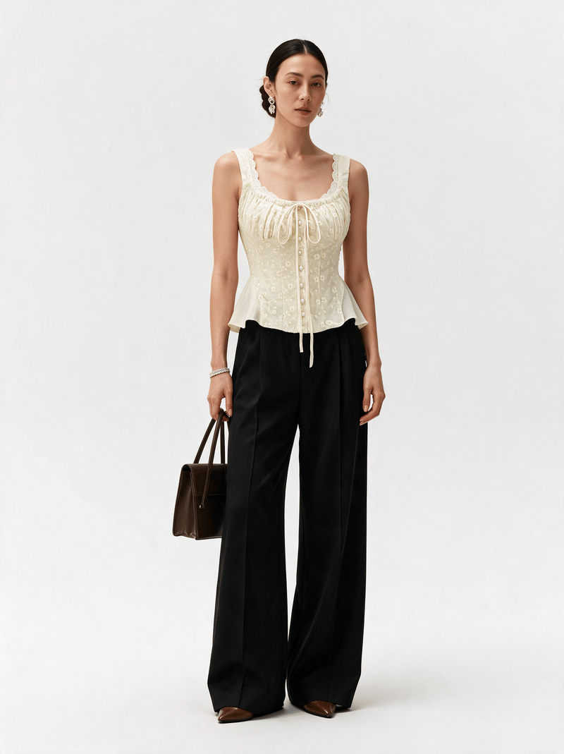 Valeria Ribbon Lace-Up Top - Butter