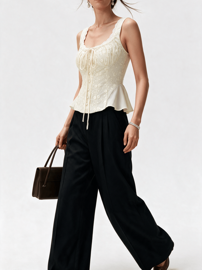Valeria Ribbon Lace-Up Top - Butter