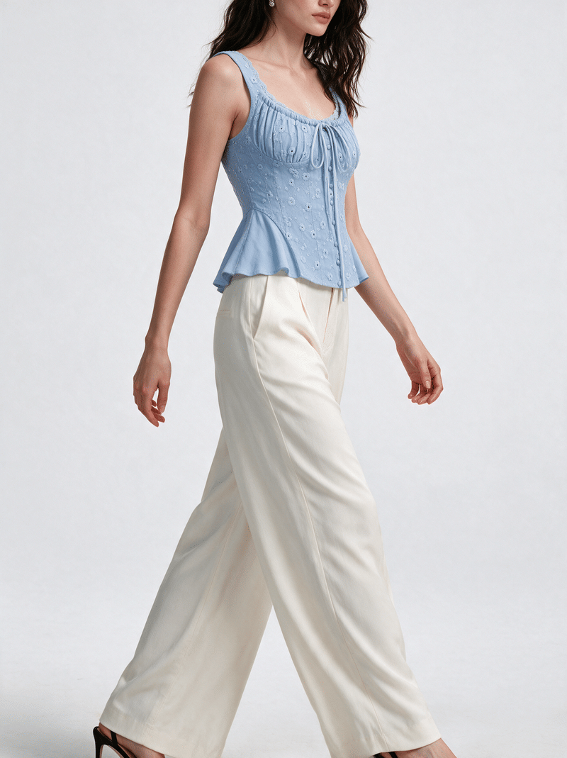 Valeria Ribbon Lace-Up Top - Powder Blue