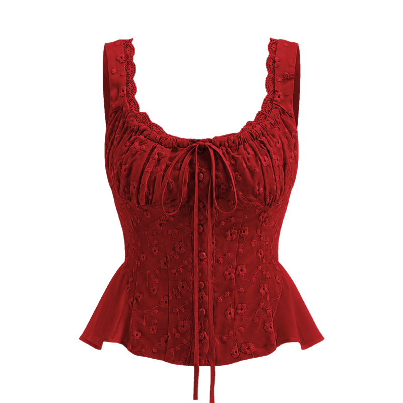 Valeria Ribbon Lace-Up Top - Scarlet