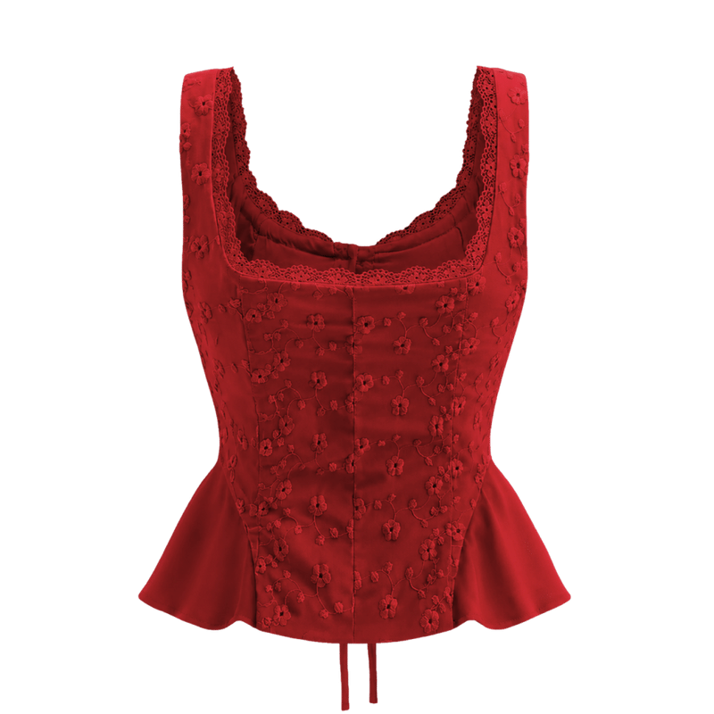 Valeria Ribbon Lace-Up Top - Scarlet
