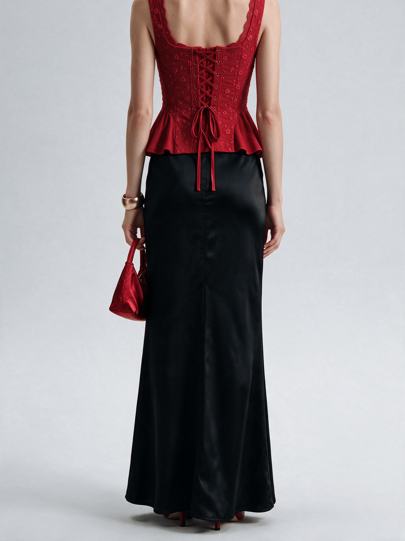 Valeria Ribbon Lace-Up Top - Scarlet