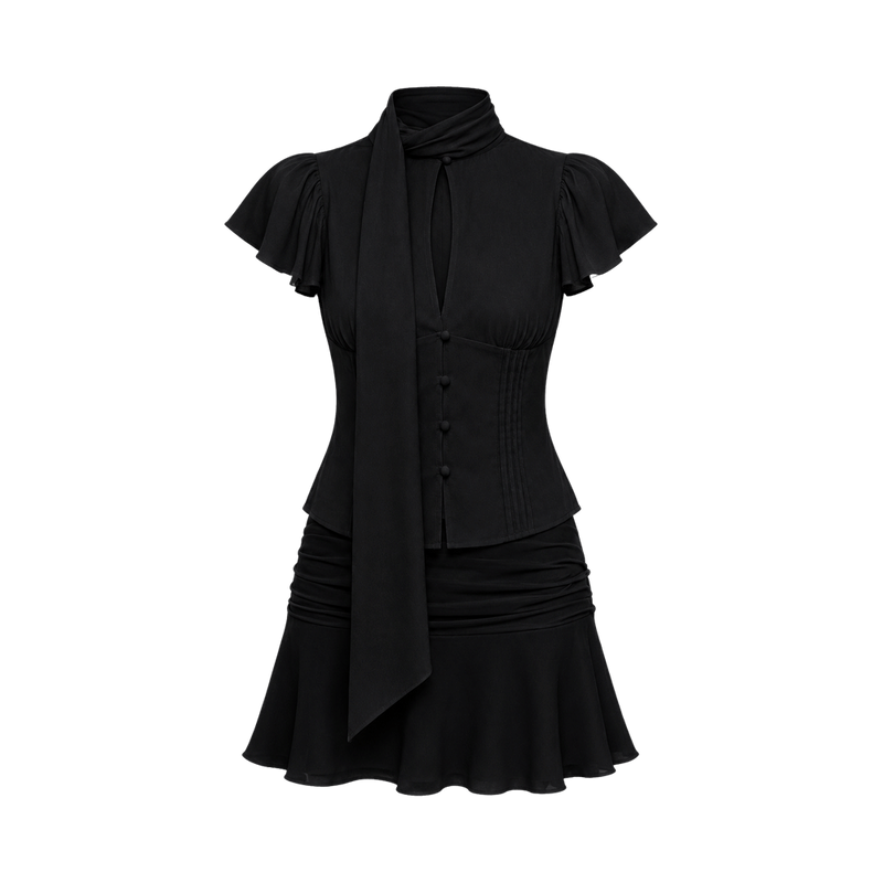 Valeria Scarf Neck Flare Co-Ord Set - Noir