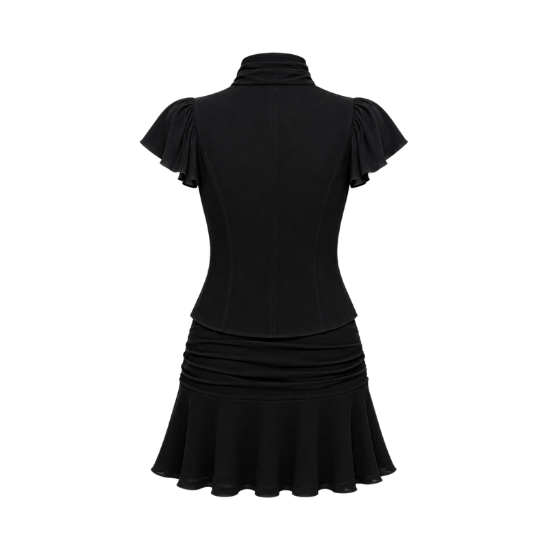 Valeria Scarf Neck Flare Co-Ord Set - Noir