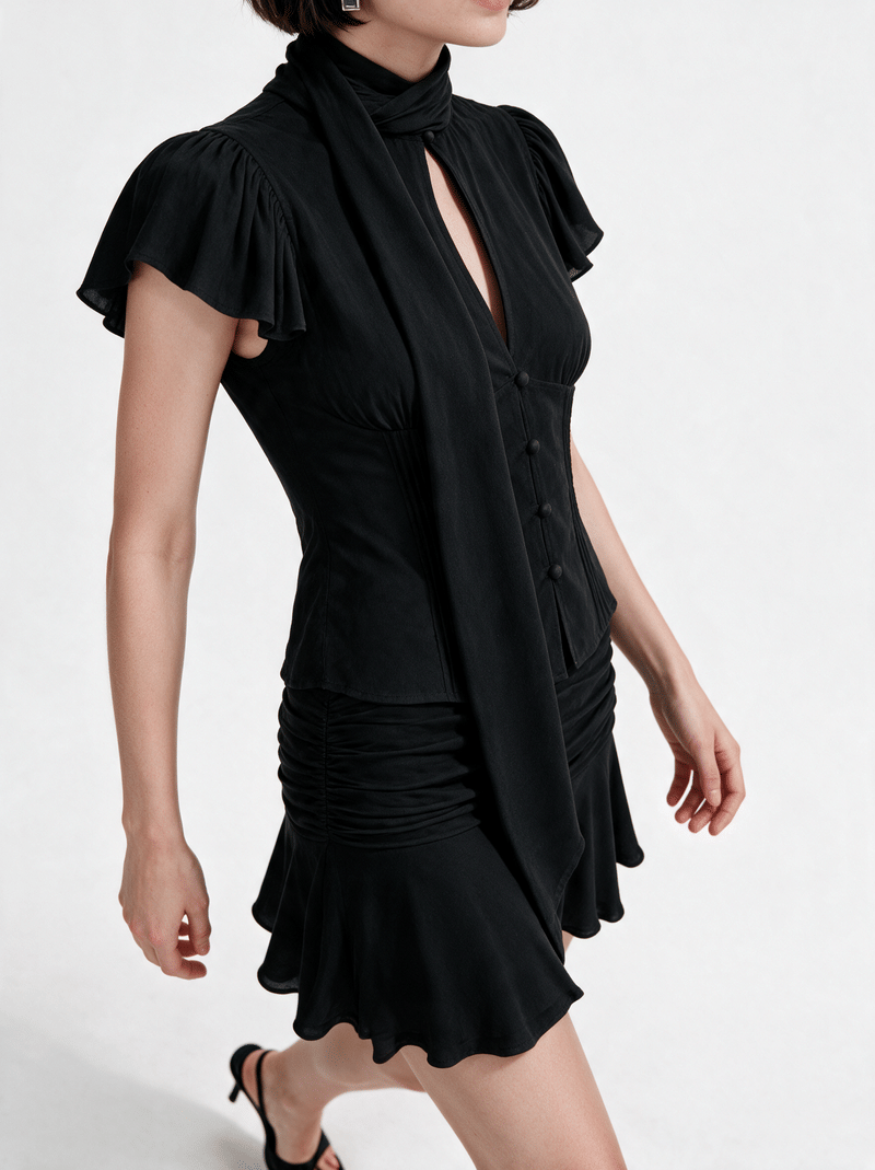 Valeria Scarf Neck Flare Co-Ord Set - Noir