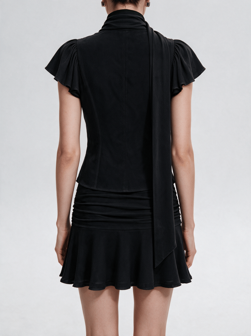 Valeria Scarf Neck Flare Co-Ord Set - Noir