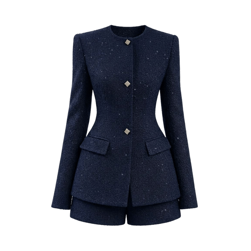 Valeria Textured Blazer Co-Ord Set - Navy Blue