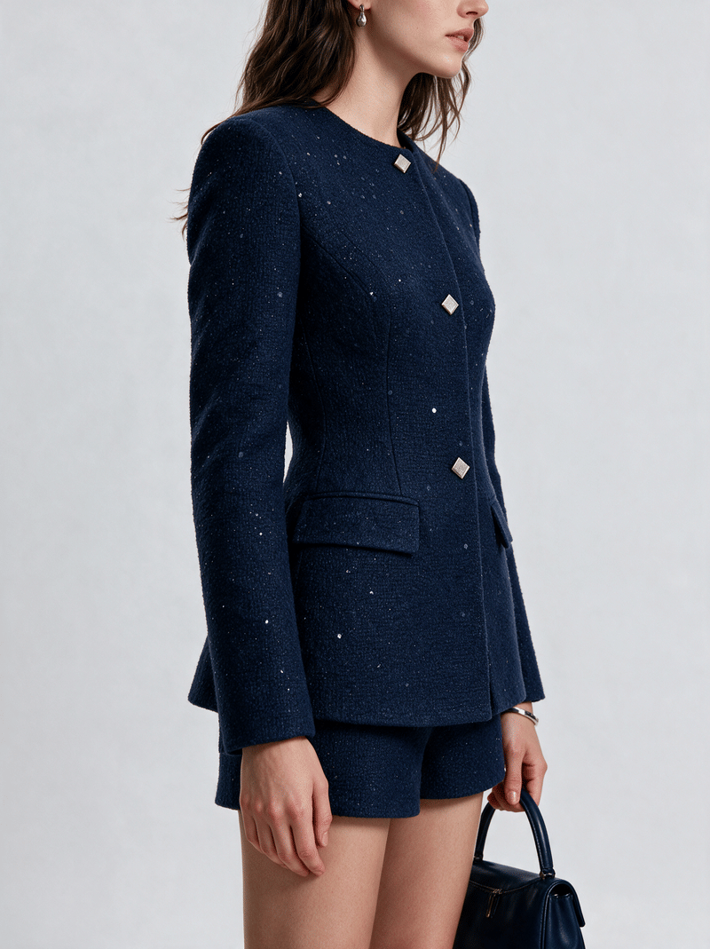 Valeria Textured Blazer Co-Ord Set - Navy Blue