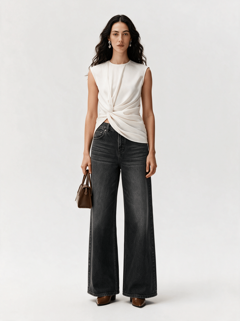 Valeria Vintage Wash Wide-Leg Jeans - Washed Black