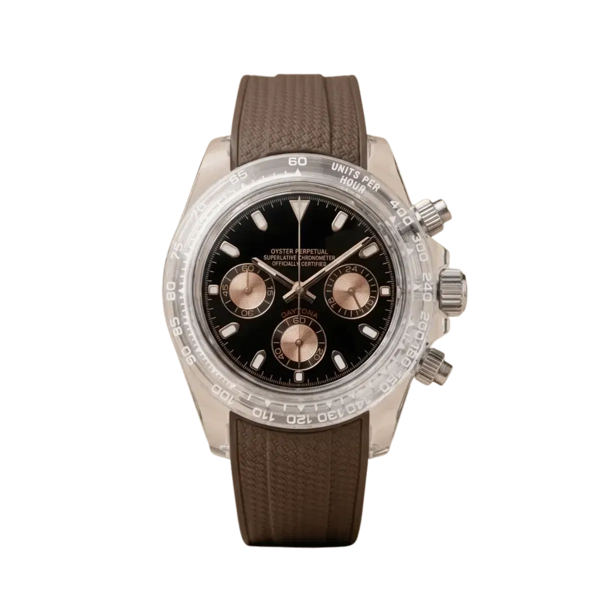 Modtona Choco Crystal' Chronograph – Transparent Case & Rose Gold Black Dial (Original Seiko Movement)