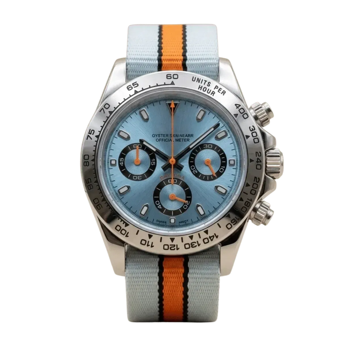 Modtona Gulf Racing' Chronograph – Ice Blue Dial & Striped NATO Strap (Original Seiko Movement)