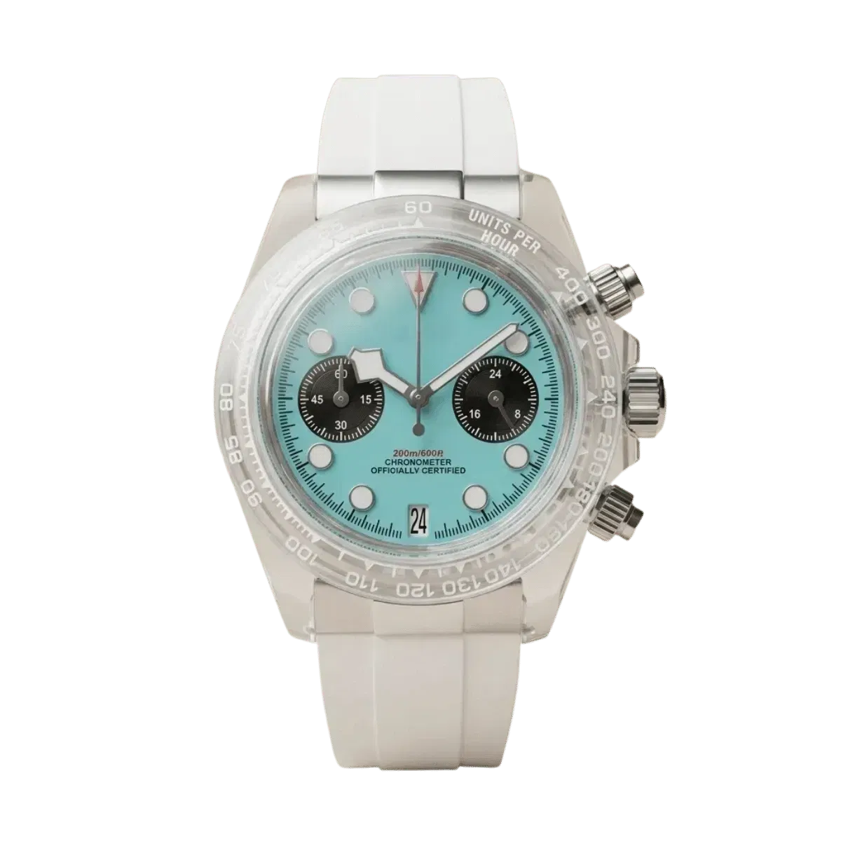 Mod Tiffany Crystal' Chrono – Transparent Case, Turquoise Dial & White Strap (Original Seiko Movement)