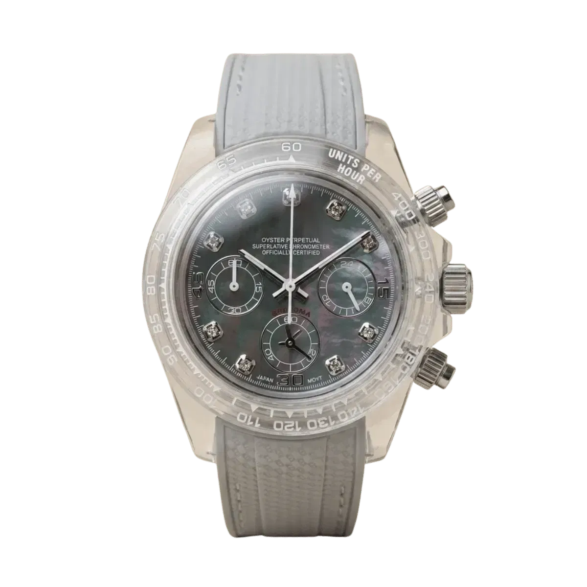 Mod Phantom Pearl' Chrono – Transparent Case & Dark Mother-of-Pearl Dial (Original Seiko Movement)